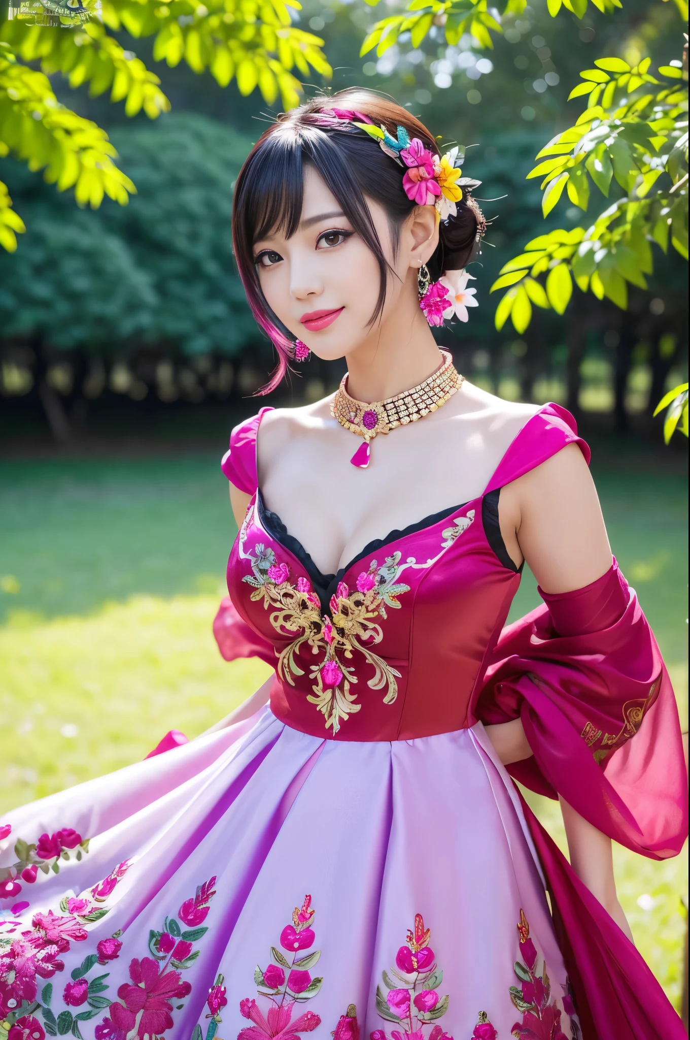 (masterpiece:1.4), (best quality:1.4), ultra high res, ultra high resolution, ((detailed facial features)), HDR, (realistic, photorealistic, photo-realistic:1.37), full body Esbian, y Vietnamese model, (-anime), only 1 model, vivid colors, ((vivid colors multicolor (fuchsia, pink, light purple) very short hair)), (big smile), lip-gloss, long lashes, defined eyebrows, wearing large sparkling colorful jewelery, wearing a red silk Paradise Kiss cosplay dress with black floral embroidery, ((vivid colors outfit)), vivid colors, look at the camera, cinematic light, large park background with trees, sweet and sexose
