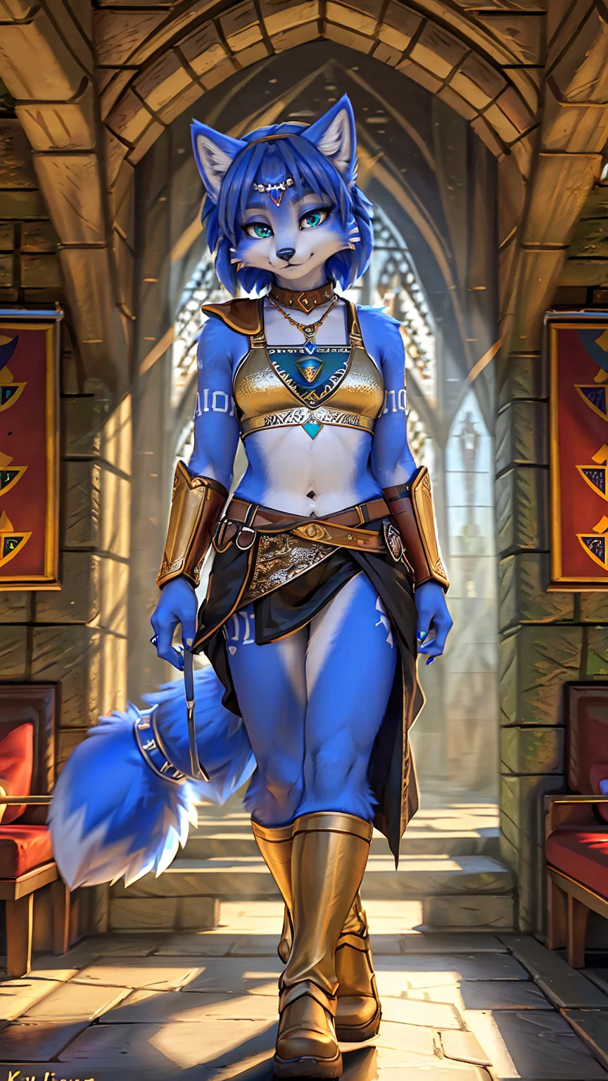 A beautiful and detailed picture of ((krystal)), Star Fox krystal,  green eyes, medium breasts, (((Long blue hair 1.3))),  anthro, furry, (von Fluff-Kevlar, Bayard Wu, personalize me, Pino Daeni),  detailed fluffy fur, detailed face, (fluffy), 1 girl, alone, hair cover one eye:1.4, wears tribal clothing with leather armor, wears tribal top with leather armor, ((in the common room of griffondoor at hogwarts:1.4)), ignores the viewer