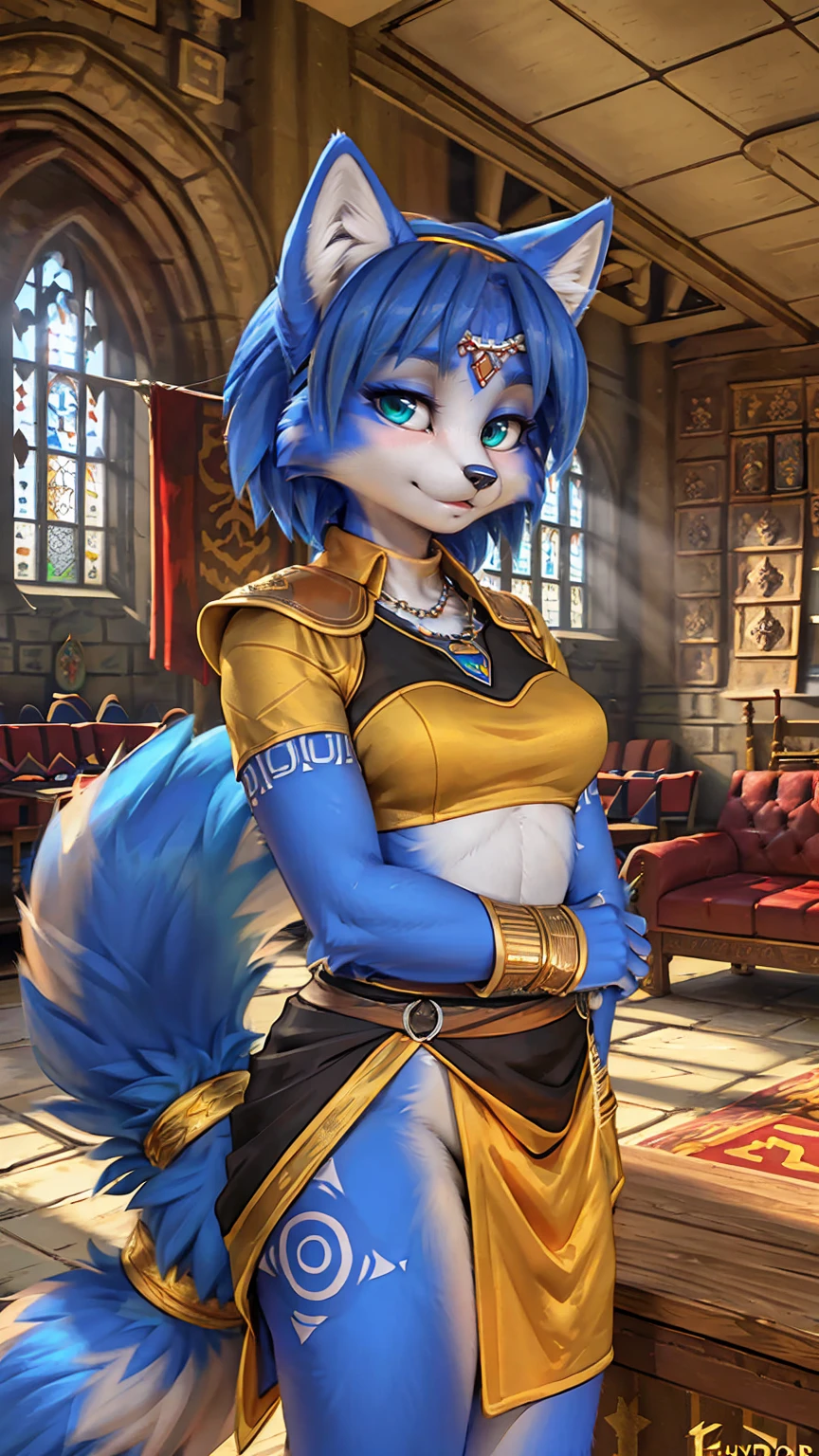 A beautiful and detailed picture of ((krystal)), Star Fox krystal, green eyes, medium breasts, (((Long blue hair 1.3))), anthro, furry, (von Fluff-Kevlar, Bayard Wu, personalize me, Pino Daeni), detailed fluffy fur, detailed face, (fluffy), 1 girl, alone, hair cover one eye:1.4, wears tribal clothing with leather armor, wears tribal top with leather armor, ((in the common room of griffondoor at hogwarts:1.4)), ignores the viewer