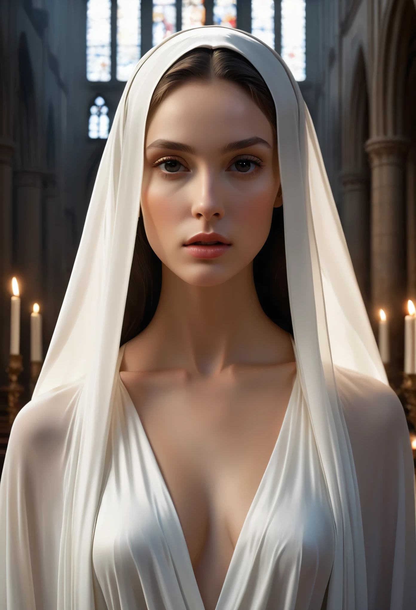 (best quality,4k,8k,highres,masterpiece:1.2), ultra-detailed, (realistic,photorealistic,photo-realistic:1.37), In the flickering candlelight of a dimly lit cathedral, there stands a figure that strikes a curious balance between beauty and malevolence. Her form is draped in flowing robes of pure white silk, drawing the eye with its ethereal grace. 

Her face, framed by a simple white wimple, is a study in contrasts. High cheekbones and delicate features give her an air of angelic serenity, sexy, sexy







