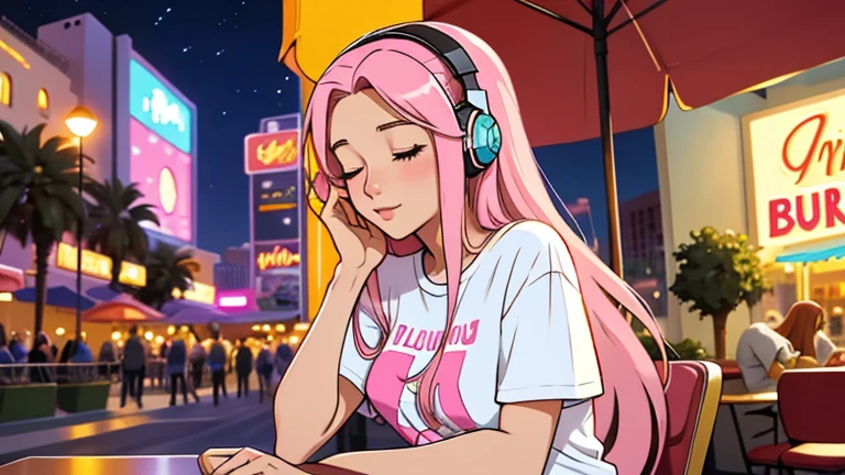 A beautiful young woman in her 20s with straight pink  midium long hair, wearing headphones, sitting on the terrace of a night cafe, looking down with her eyes closed, lofi girl, t-shirt, mood, comfortable, Las Vegas, In-N-Out Burger, 手の指は髪に隠れている