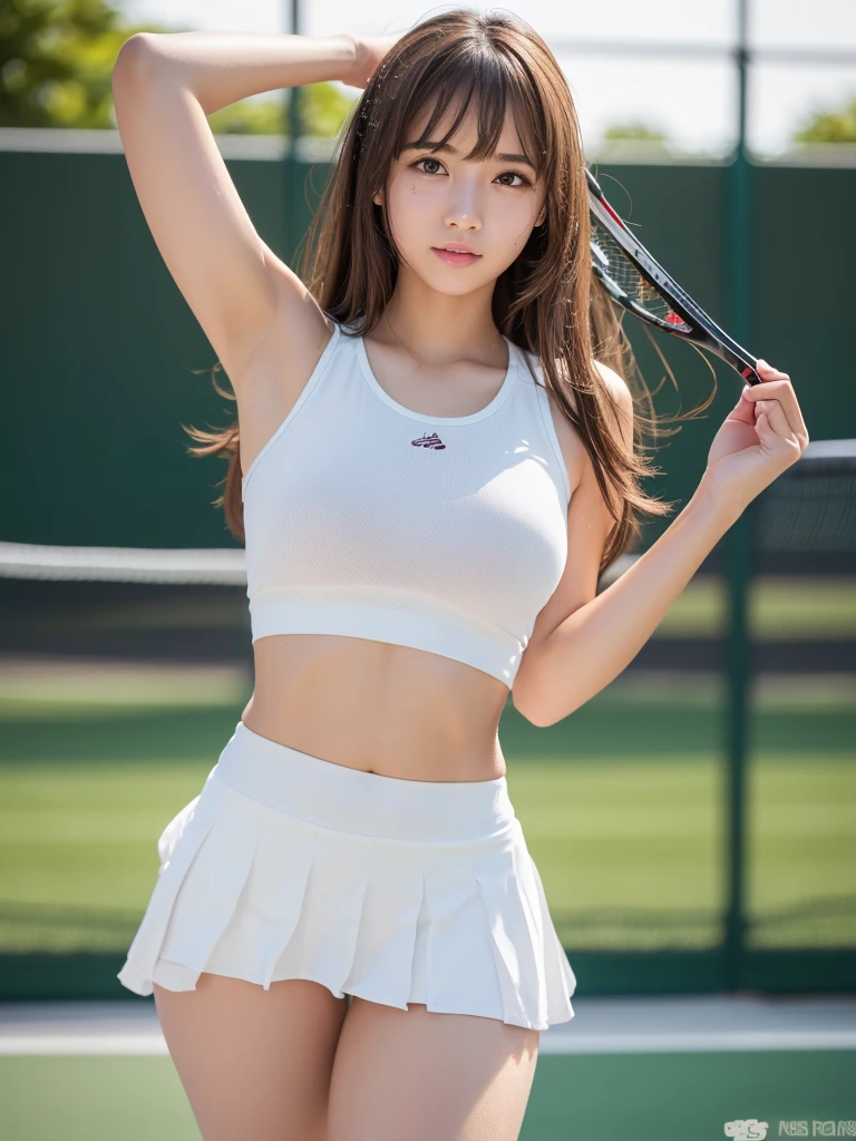 White tennis wear, tennis racket, (solid, Deluxe), Tennis ball, Tennis court, (Highest quality) , ((Very detailed)) , 4K , (8k) , masterpiece, Very detailedな, Highest quality, Super Resolution, , 18-year-old girl, 1 person, Very beautiful face, Cute type, Big Natural Color Lip, Big and pretty eyes, Brown eyes, Obvious double, Small and cute nose, Soft long hair, bangs, Brown Hair, Beautiful hands, There are only five fingers, positive, Crying a little, White pleated micro mini skirt, , Soft Light, RAW quality, Soft Skin, (Glowing Skin, Sweaty: 1.4) , Beautiful legs, Voluptuous thighs, Plump body, , (Expresses the roundness and softness of the  area........1), Beautiful body, (A perfect feminine figure), Accurate joint movement, Spread your legs, (Provocative dynamic pose), Skirt flip, Browsing Caution, (beautiful  line:1.2)