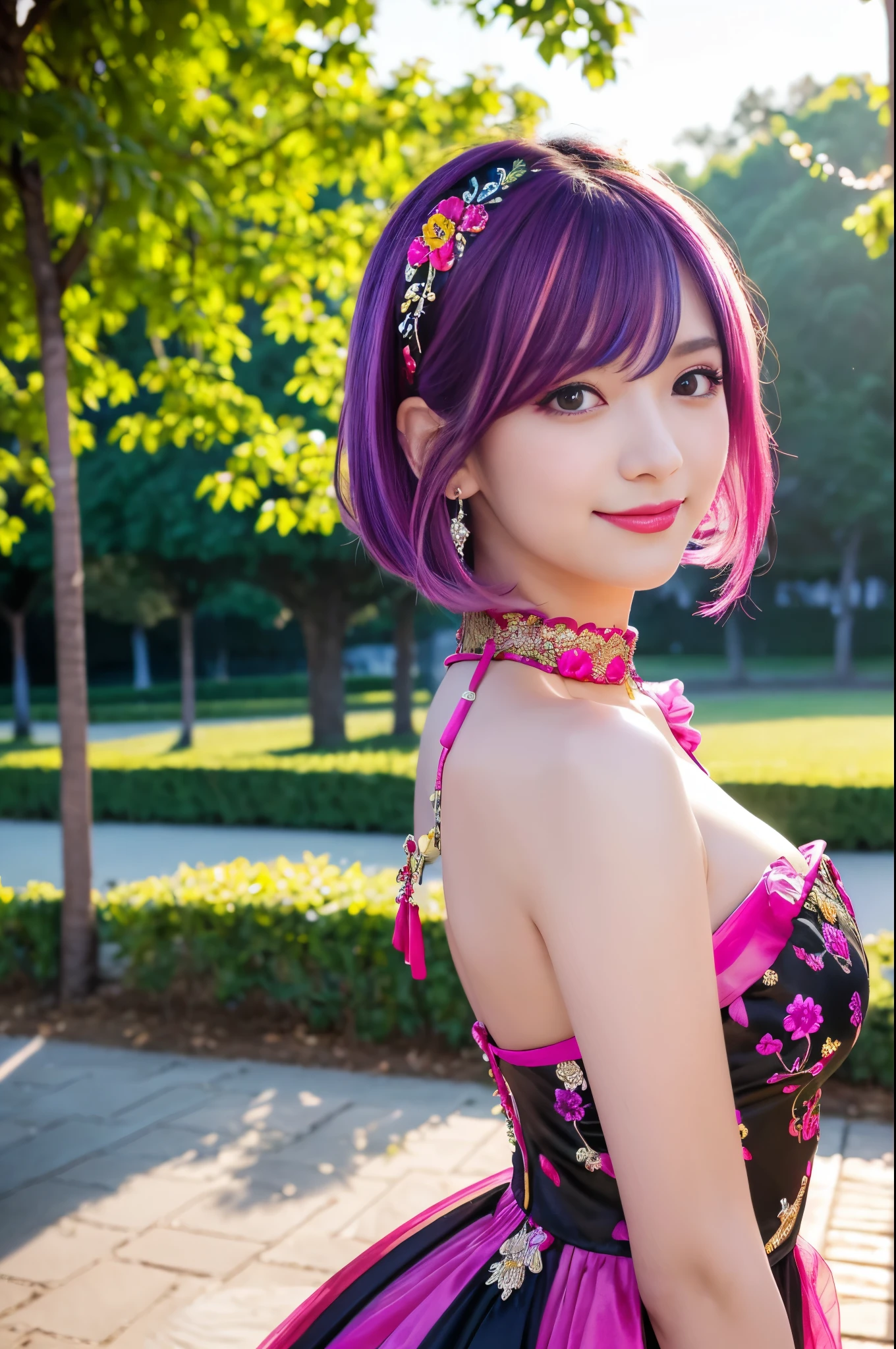 (masterpiece:1.4), (best quality:1.4), ultra high res, ultra high resolution, ((detailed facial features)), HDR, (realistic, photorealistic, photo-realistic:1.37), full body Esbian, sexy swedish model, (-anime), vivid colors, ((vivid colors multicolor (pink, fuchsia, purple) very short hair)), (big smile), lip-gloss, long lashes, defined eyebrows, wearing large sparkling colorful jewelery, wearing a red silk Paradise Kiss cosplay dress with black floral embroidery, ((vivid colors outfit)), vivid colors, look at the camera, cinematic light, large park background with trees, sweet and sexy pose