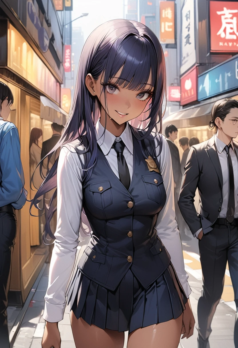 ((masterpiece,Highest quality:1.3,best quality illustration)),realistic,1woman、Private service female police officer,(20 year old beauty),((very small head:1.4)),ideal ratio body proportions,dark blue hair,straight long hair,bangs,black eyes,gorgeous big eyes,smile、((tan skin,skinny)),(Black vest、Black tie、White collared shirt、Long sleeve、Black pleated mini skirt)),medium breasts,gleaming skin,slender body,sweat,walk,on street,Shinjuku、Tokyo、