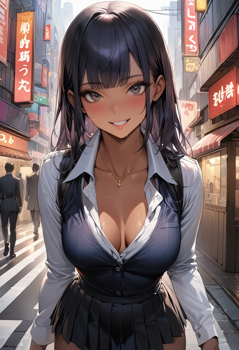 ((masterpiece,Highest quality:1.3,best quality illustration)),realistic,1woman、Private service female police officer,(20 year old beauty),((very small head:1.4)),ideal ratio body proportions,dark blue hair,straight long hair,bangs,black eyes,gorgeous big eyes,smile、((tan skin,skinny)),(Black vest、Black tie、White collared shirt、Long sleeve、Black pleated mini skirt)),medium breasts,gleaming skin,slender body,sweat,walk,on street,Shinjuku、Tokyo、