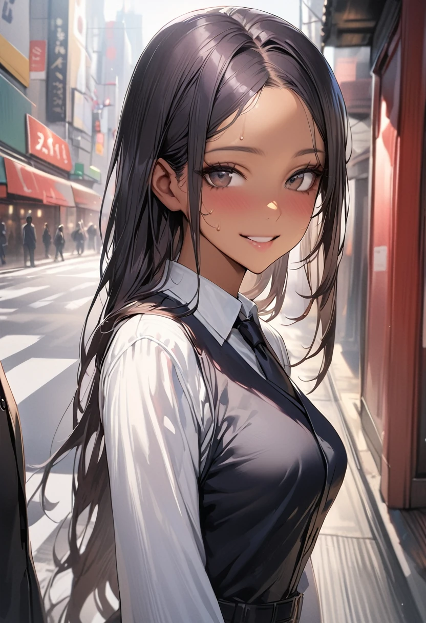 ((masterpiece,Highest quality:1.3,best quality illustration)),realistic,1woman、Private service female police officer,(20 year old beauty),((very small head:1.4)),ideal ratio body proportions,dark blue hair,straight long hair,bangs,black eyes,gorgeous big eyes,smile、((tan skin,skinny)),(Black vest、Black tie、White collared shirt、Long sleeve、Black pleated mini skirt)),medium breasts,gleaming skin,slender body,sweat,walk,on street,Shinjuku、Tokyo、