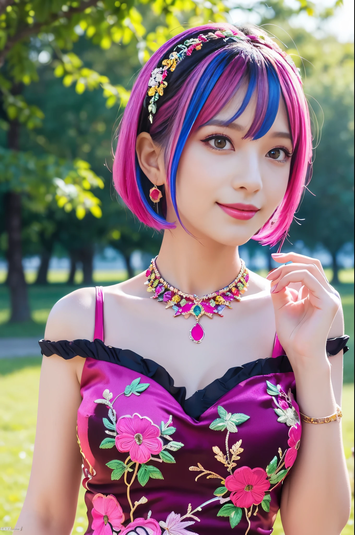 (masterpiece:1.4), (best quality:1.4), ultra high res, ultra high resolution, ((detailed facial features)), HDR, (realistic, photorealistic, photo-realistic:1.37), full body Esbian, sexy swedish model, (-anime), vivid colors, ((vivid colors multicolor (pink, fuchsia, purple) very short hair)), (big smile), lip-gloss, long lashes, defined eyebrows, wearing large sparkling colorful jewelery, wearing a red silk Paradise Kiss cosplay dress with black floral embroidery, ((vivid colors outfit)), vivid colors, look at the camera, cinematic light, large park background with trees, sweet and sexy pose