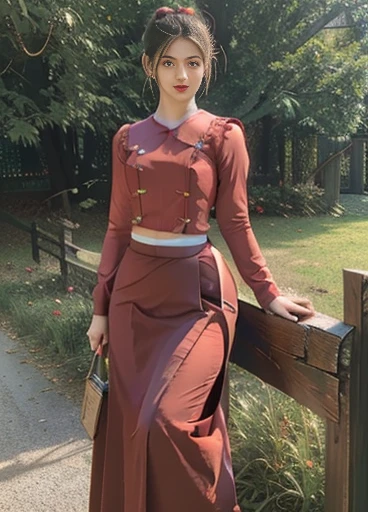 photorealistic, high resolution, masterpiec e best quality ultra-detailed, 1women. (m edium breast), hair bun, jesmine flower o n the head, mature female, solo, hips up, (wearing acmmsayarma outfit, acmmsaya rma ( Red♥️ top ) with buttons, long sleeves), ((acmmsayarma Red♥️ long skirt)