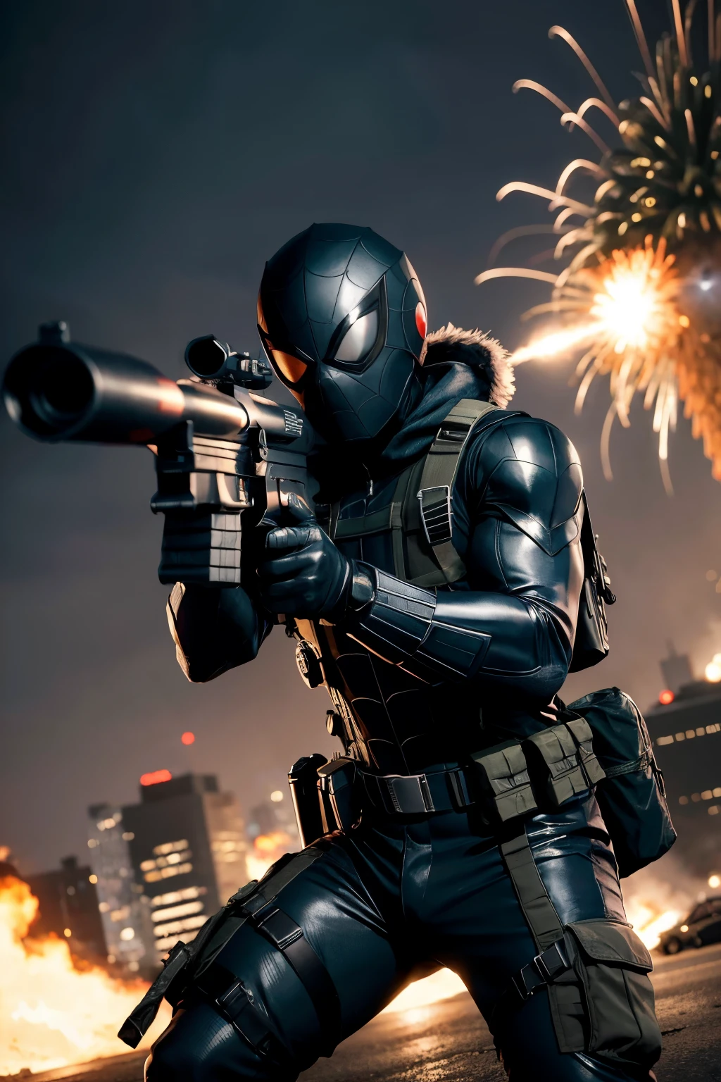 Tactical male sniper in Spider-Man-like outfit with explosion and gunfire in the background , with dark helmet