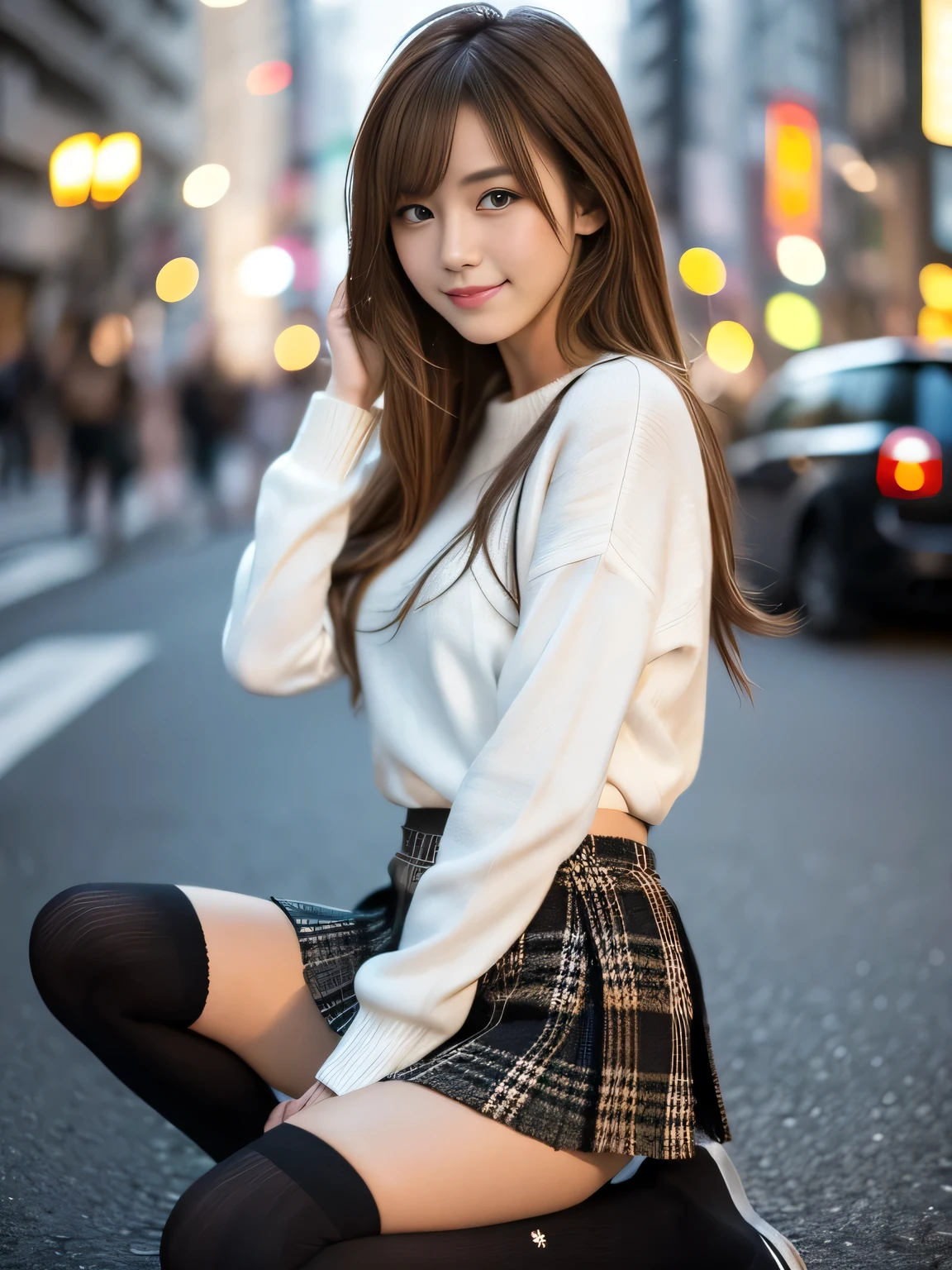 masterpiece, best quality, ultra-detailed, intricately detailed hyperdetailed, realistic, sharp features, highly detailed, sharp focus, Realistic, Photorealistic:1.3, (19 years old:1.3), perfect face, perfect symmetrically eyes, perfect full lips, hyper detailed, hyper realistic, high resolution, Fashion Model, Japanese Idol, Slender, brown hair, Stylish, model poses, Beautiful Face, light brown hair, messy hair, Beautiful hairstyle, (seductive smile:1.2), (looking at viewer), cinematic lighting, blurred background, (Black knit:1.2), ((mini plaid skirt, black high socks)), (Shibuya),