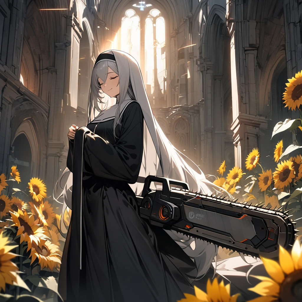 Top quality, masterpiece, high resolution, woman, long silver hair, closed eyes, Very long sleeves that cover the wrists,Very long nun's black dress, advanced mechanical technology, electric chainsaw, decaying church, sun, sunflowers, rapturous smile