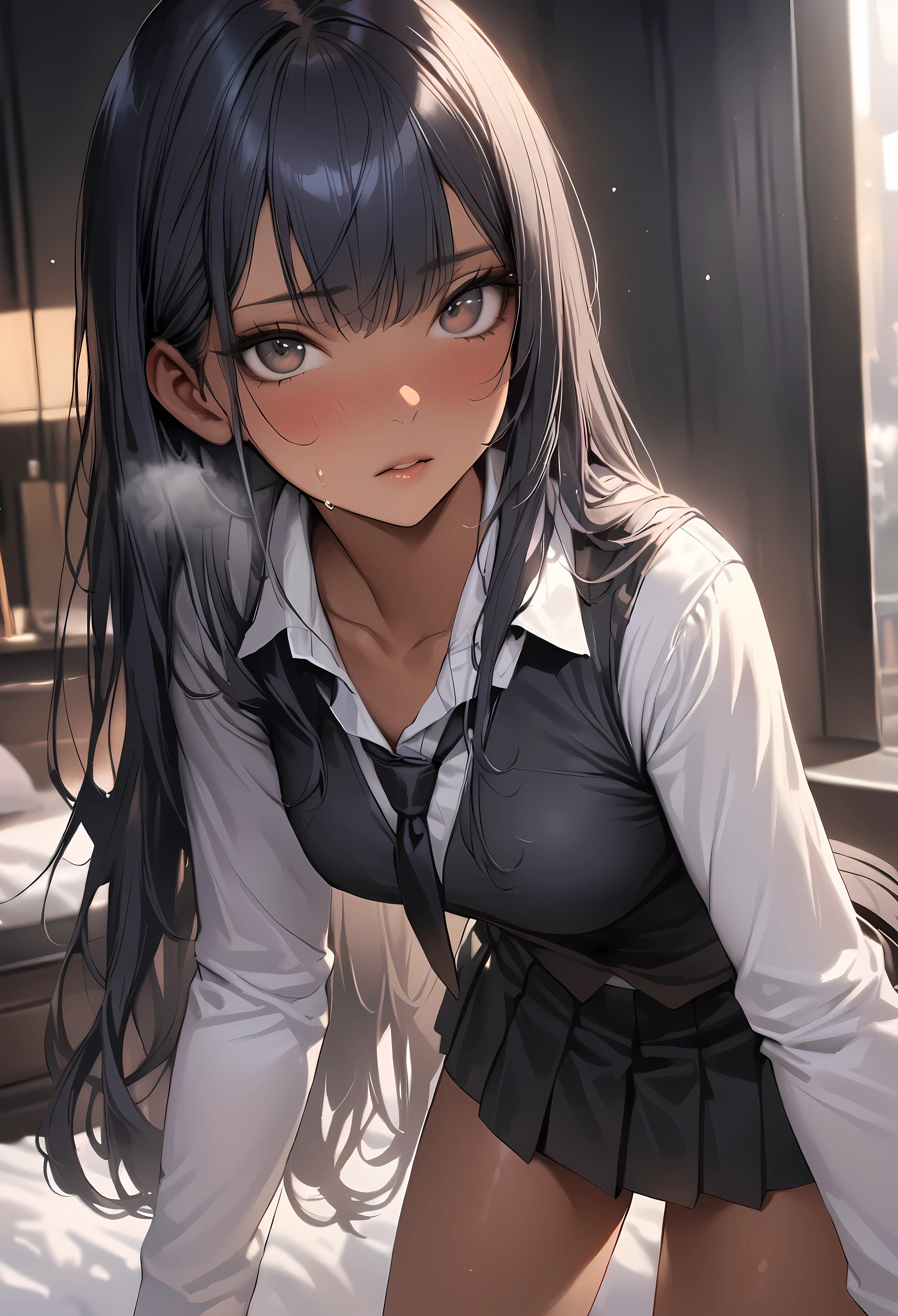((masterpiece,Highest quality:1.3,best quality illustration)),realistic,1woman,(20 year old beauty),((very small head:1.3)),ideal ratio body proportions,dark blue hair,straight long hair,bangs,black eyes,gorgeous big eyes,Heavy breathing、((tan skin,skinny)),(Black vest、Black tie、White collared shirt、Long sleeve、Black pleated mini skirt)),medium breasts,gleaming skin,slender body,sweat,standing,Simple bedroom,Shinjuku、Tokyo、