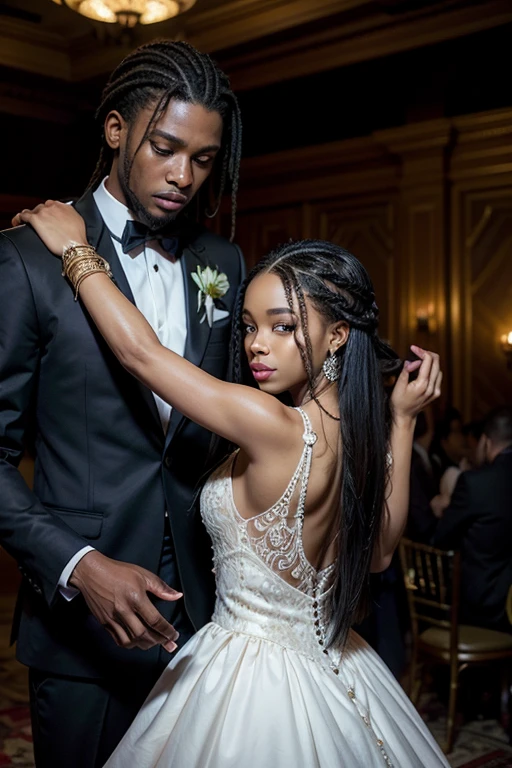 a Yoruba young lady with medium-long locs in an intricate hairstyle,flowing elegant dress,dancing with a Jamaican man with low fade haircut,tuxedo,high-end gala,beautiful detailed eyes,beautiful detailed lips,extremely detailed eyes and face,long eyelashes,photorealistic,masterpiece,cinematic lighting,dramatic colors,realistic skin textures,hyper detailed fashion,dynamic pose,ornate jewelry