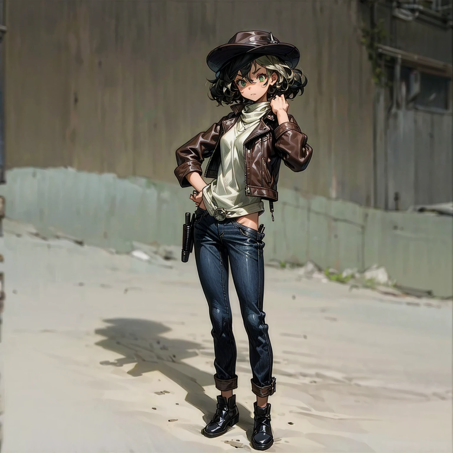 Solo, (kid girl), full body version, Grassroots, background in outdoor town, tan skin, black hair, short Curly haircut, green eyes, Brown leather jacket, long jeans, black shoes, hat Baretta, standing gesture, revolver in hand