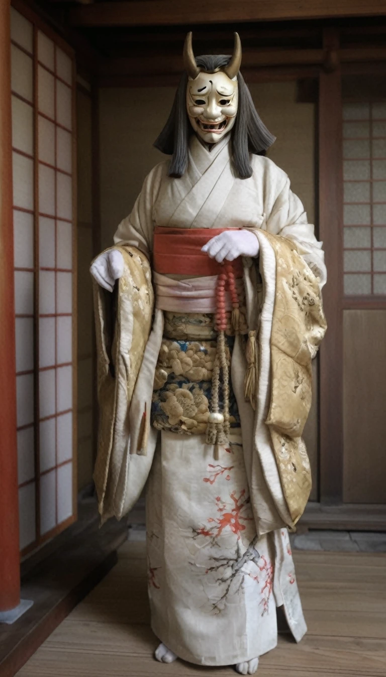 (Fox Noh Mask:1.3), Cinema quality, whole body, from the front:1.4, Highest quality,masterpiece,Very detailed,Very detailed, A girl wearing a Noh mask, Tied up Japanese hairstyle, 白いkimono, White hakama, kimono,whole body:1.5, Inside an old Japanese castle,Gorgeous but old ornaments:1.5