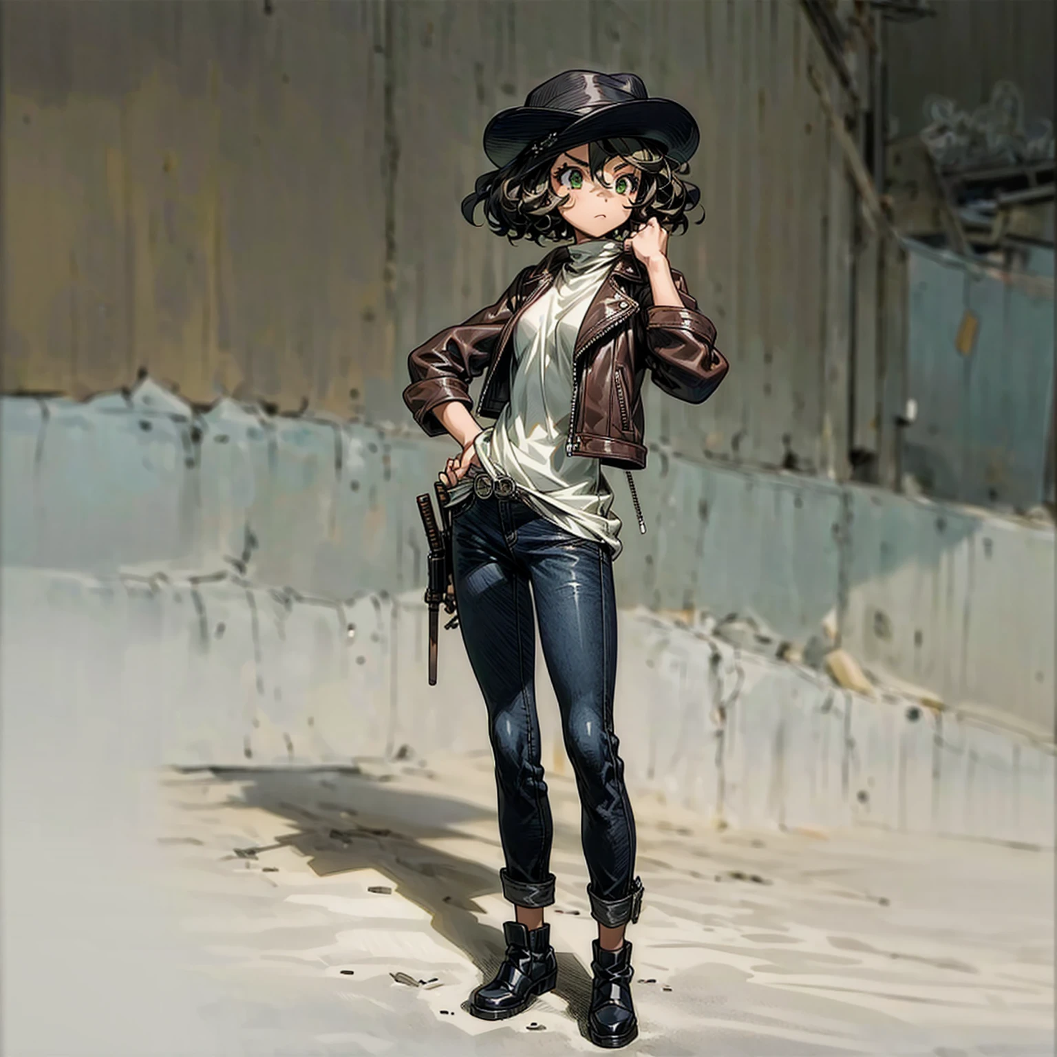 Solo, (kid girl), full body version, Grassroots, background in outdoor town, tan skin, black hair, short Curly haircut, green eyes, Brown leather jacket, long jeans, black shoes, hat Baretta, standing gesture, revolver in hand
