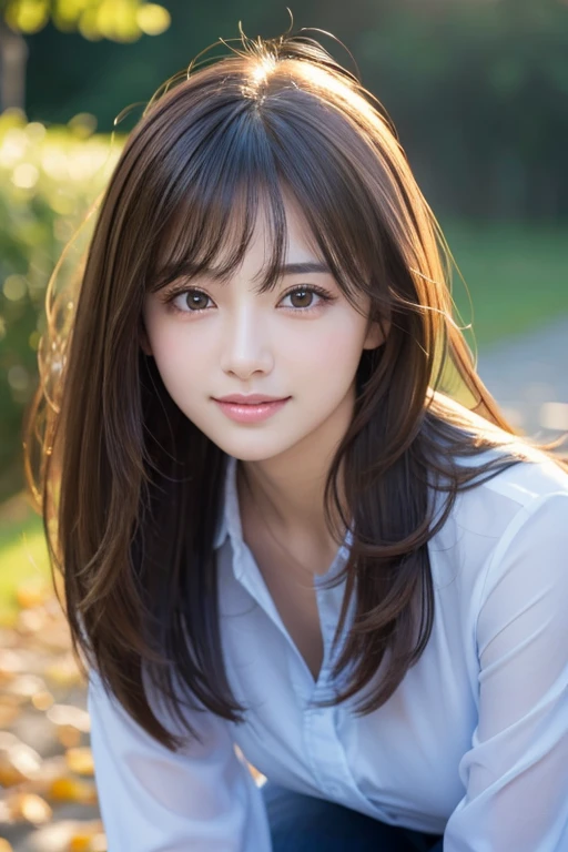 photo realistic,finely detail, hight resolution, hightquality、Perfect dynamic composition, Beautiful detailed eyes, Medium Hair, 、Natural Color Lip,Shibuya、25 years girl、1 persons、Transparent skin、Glowing hair、masutepiece, Best Quality, looking at viewer, smile,Ultra-detailed, finely detail, hight resolution, 8K、The correct state of the human body、crouching down、Gravure Model Pose,Hair soaring in the wind