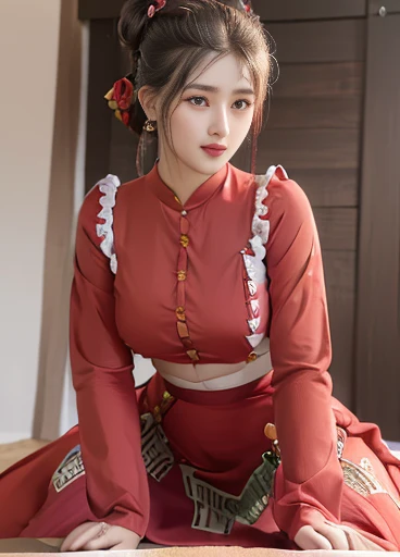 photorealistic, high resolution, masterpiec e best quality ultra-detailed, 1women. (m edium breast), hair bun, jesmine flower o n the head, mature female, solo, hips up, (wearing acmmsayarma outfit, acmmsaya rma ( Red♥️ top ) with buttons, long sleeves), ((acmmsayarma  Red♥️  long skirt) 