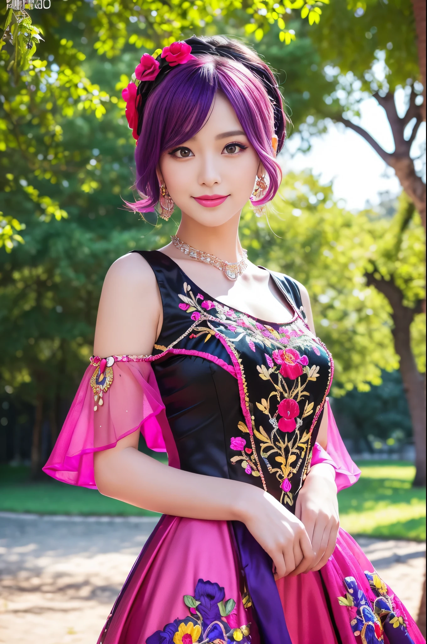 (masterpiece:1.4), (best quality:1.4), ultra high res, ultra high resolution, ((detailed facial features)), HDR, (realistic, photorealistic, photo-realistic:1.37), full body Esbian, sexy swedish model, (-anime), only 1 model, vivid colors, ((vivid colors multicolor (fuchsia, pink, red, purple) very short hair)), (big smile), lip-gloss, long lashes, defined eyebrows, wearing large sparkling colorful jewelery, wearing a red silk Paradise Kiss cosplay dress with black floral embroidery, ((vivid colors outfit)), vivid colors, look at the camera, cinematic light, large park background with trees, sweet and sexy pose