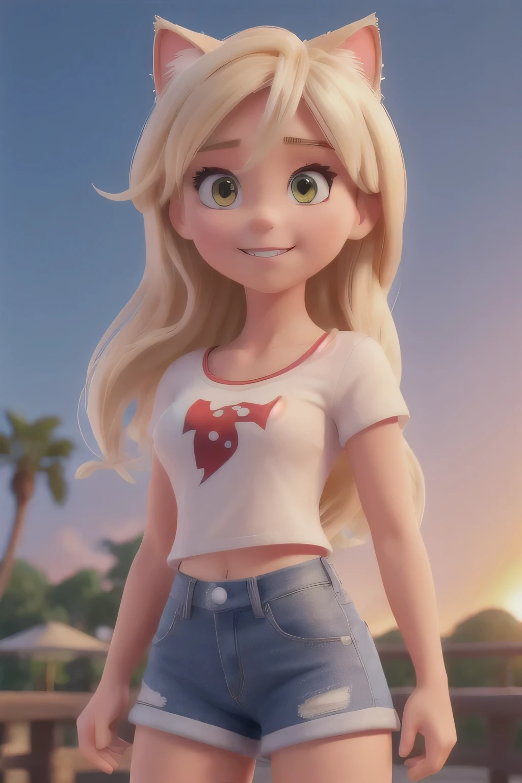 make a Caucasian blonde woman, pointed nose type, cat ears, vampire teeth, she's using a small jeans shorts and white tank t-shirt, stand, using white high heels, red lip, black simple chocker, Caucasian, muscular thighs and thick arms, it's sunset time and the sunlight is getting her face, realistic, full body render, disney style, park background, sunset, nsfw