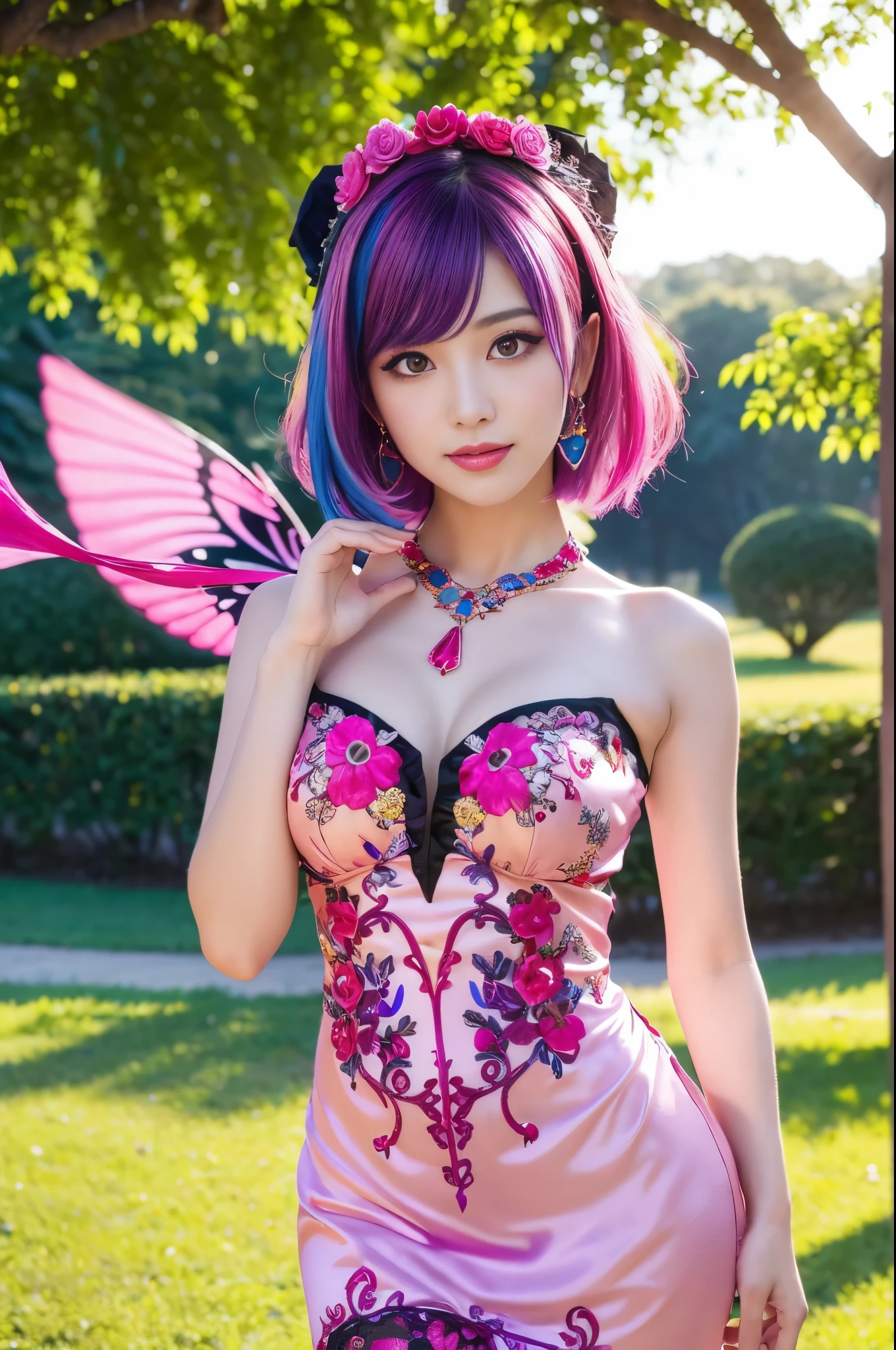 (masterpiece:1.4), (best quality:1.4), ultra high res, ultra high resolution, ((detailed facial features)), HDR, (realistic, photorealistic, photo-realistic:1.37), full body Esbian, sexy swedish model, (-anime), only 1 model, vivid colors, ((vivid colors multicolor (fuchsia, pink, light blue, purple) very short hair)), (seductive smile), lip-gloss, long lashes, defined eyebrows, wearing large sparkling colorful jewelery, wearing a red silk Paradise Kiss cosplay dress with black floral embroidery, ((vivid colors outfit)), vivid colors, look at the camera, cinematic light, large park background with trees, sweet and sexy pose
