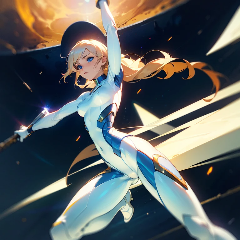 a warrior woman, in a space setting, exhausting (a super tight white and white bodysuit), (open legs), (loaded with weapons). Whole body. perfect body, perfect hair, perky . HD, necessary, anatomically correct, textured skin, Super detail, High details, high quality, awarded, Best Quality, evening light. blue eyes