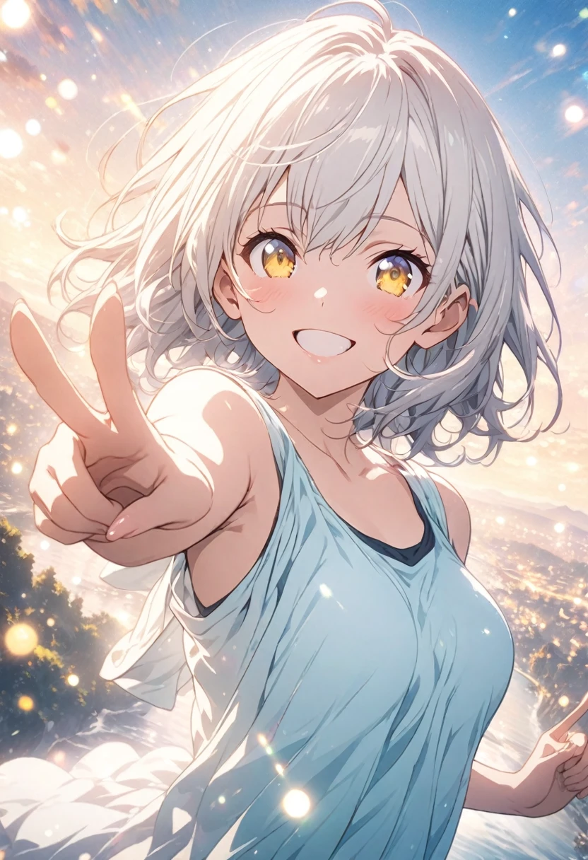 masterpiece, Highest quality, Highly detailed CG Unity 8K wallpapers, High School Girl Anime Illustration. Wear an oversized tank top, Hooded、Koi Dance Choreography, Pointing the index fingers of both hands, she has her eyes closed and mouth open, smile. The background is a light pastel colored landscape.., white hair color, Yellow Eyes, bokeh photography, (soft focus):1.2, out-of-focus highlights, dreamy ambiance, glowing circles, mesmerizing depth, The background is a realistic landscape