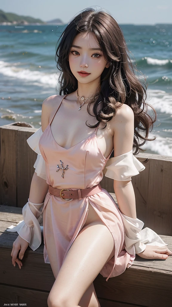 ((realistic)), a young girl, beautiful age girl, Light pink gauze dress, draped in silk, florals, high-waist, Nice belt, cropped shoulders, slim, Slimming the waist, high-heels, Shy, grin, 耳Nipple Ring、choker necklace、Hairpins,Heavy makeup,Gorgeous eye makeup,extremely beautiful eyes, golden hair, curlies, Long flowing hair, beachside, On the beach, laying on a beach, Cross ed leg, Flirting skirts, Ruffle your hair, posed for photo, posing elegantly, Random shooting angle, warm lights, a warm color palette, Professional lighting, Photon Mapping, Radio City, Physically-based rendering, RAW photos, Best quality, beauitful face, Beautiful skins, Attractive, Ultra-high resolution, ultra real photo