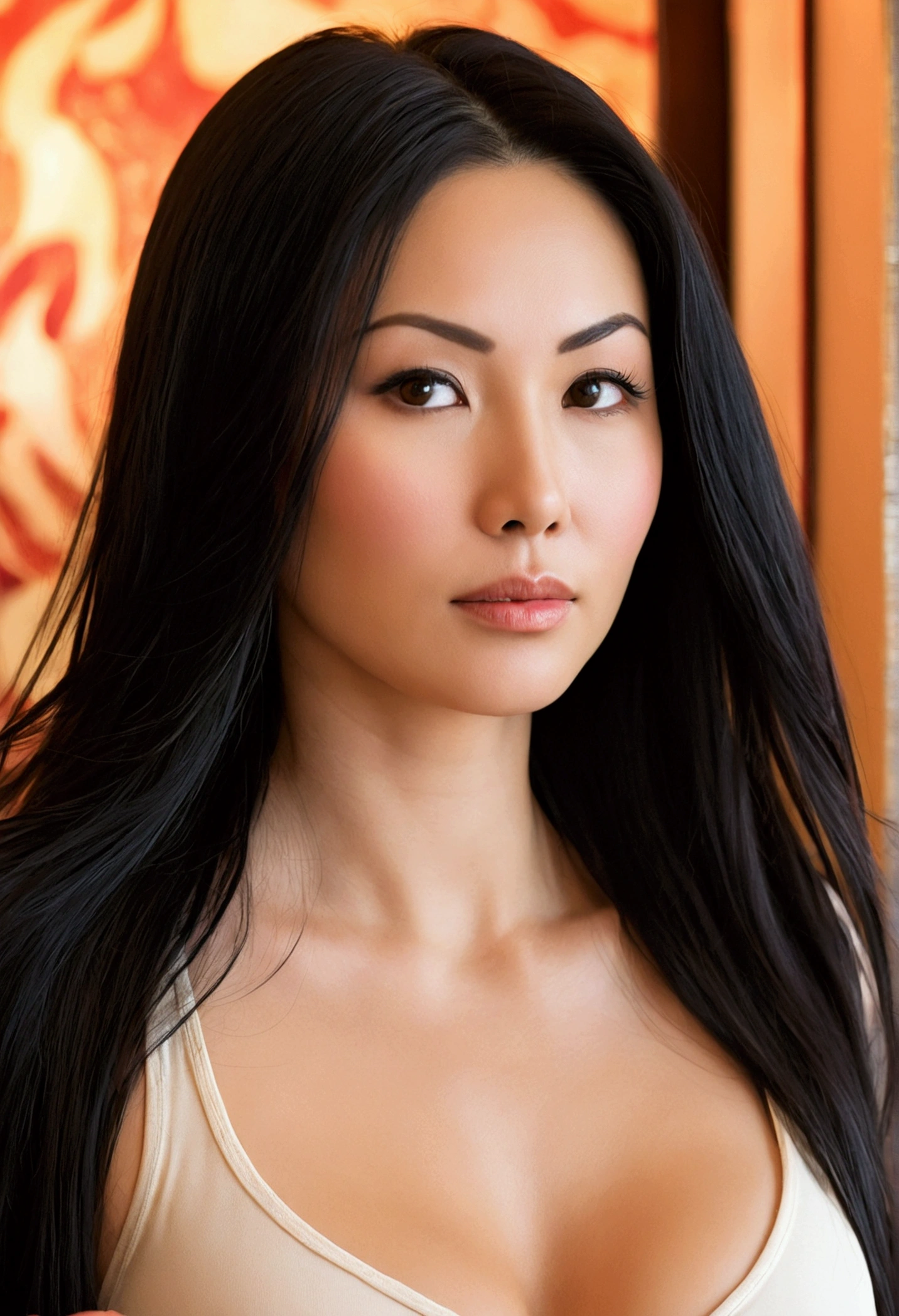 Photograph, of a woman, with long black hair, she has a small, thin face with sunken cheeks. Her job is masseuse, she is upright, sexy and provocative, her outfit shows her generous curves, the background is in a massage parlor