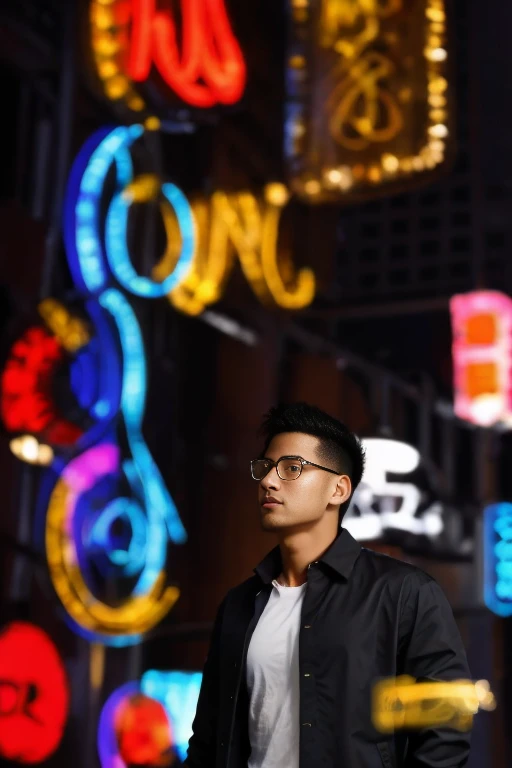 ((1 oriental male, big bumps, stubble)). ((A 30-year-old muscular man wearing glasses)), a short reflective windbreaker, long-sleeved white shirt and tie, and leather shoes. Full body, soft lighting. In the city of neon lights and TV walls.(masterpiece, Best quality), 8K UHD, Digital SLR, filmgrain, (super detailed color, surreal), Fujifilm XT3 photorealistic painting art