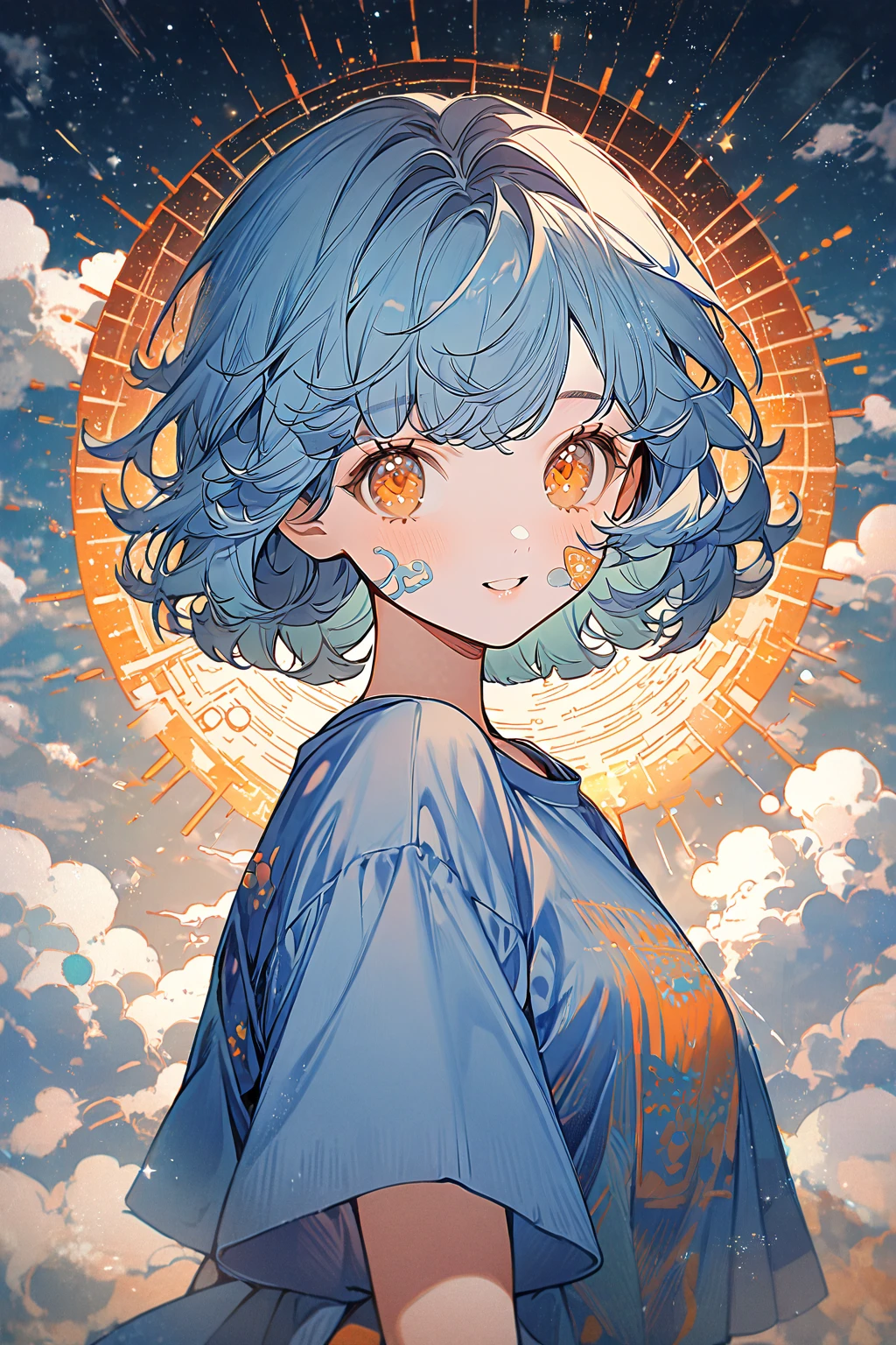 1 girl, CuteStyle, orange eyes, blue hair with green spots, clouds above her hair small, short hair with disheveled bangs, dressed in a blue T-shirt with white clouds, looking at the viewer, happy, upper body, patch on cheek, against the background of the cosmic sky, next to the sun, beautiful, detailed, delicate tones