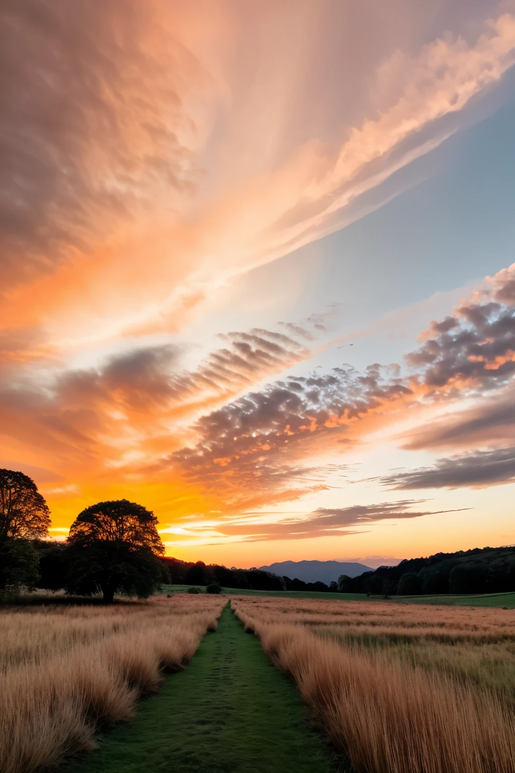 Image of sunset sky with scattered orange and pink clouds in beautiful meadows in nature 