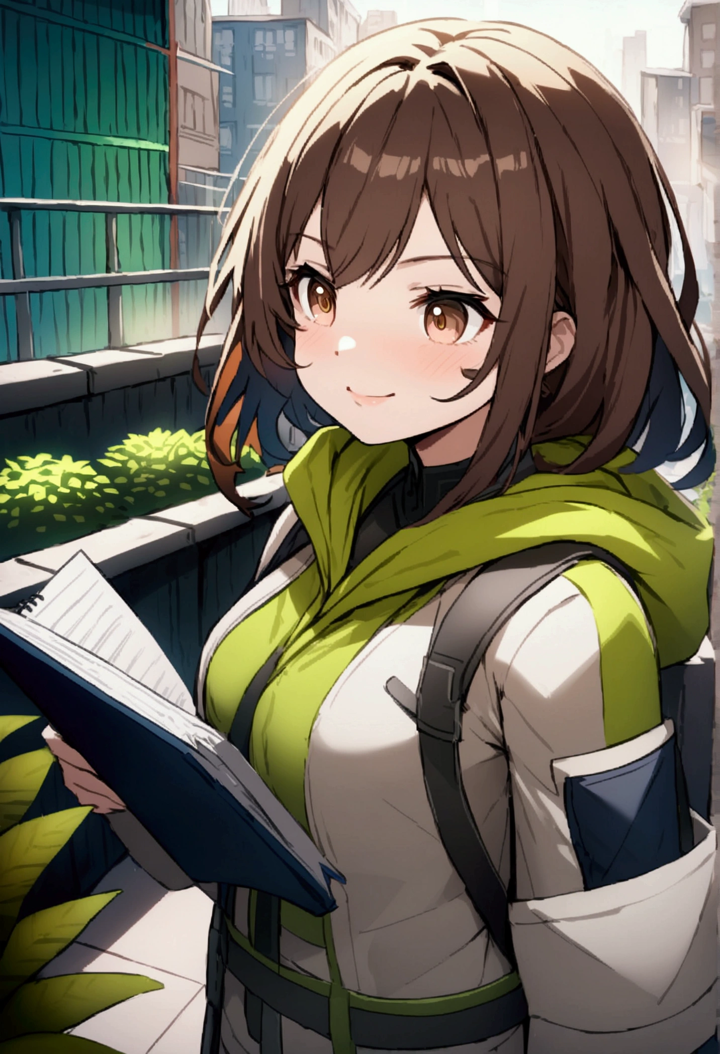 Create a 4K, highly detailed, and beautifully rendered image of a female urban environmental engineer, Close-up of Ria's face. Her long, wavy dark brown hair cascades around her shoulders. Her hazel eyes are focused and determined as she reads her notes. She has a soft yet confident expression, with a slight smile playing on her lips.