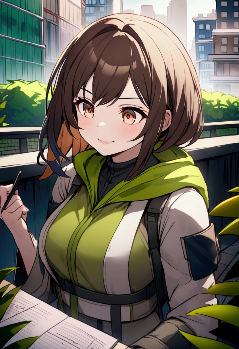 Create a 4K, highly detailed, and beautifully rendered image of a female urban environmental engineer, Close-up of Ria's face. Her long, wavy dark brown hair cascades around her shoulders. Her hazel eyes are focused and determined as she reads her notes. She has a soft yet confident expression, with a slight smile playing on her lips.