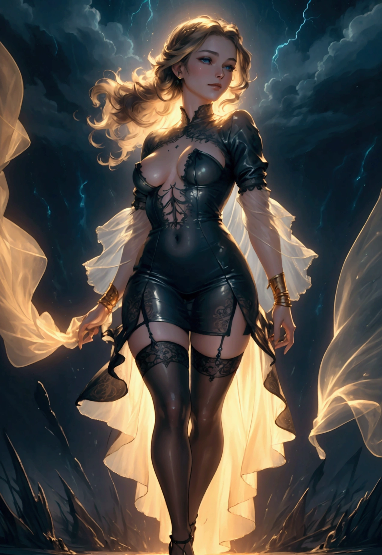 young busty keira knightley, her dress is blowing up, wearing stockings, stockings, stockings, big tits, gigant booobs, curly fluffy hair, Transparent torn unbuttoned shirt, heels, hyperdetailed face, naked belly, emotions play on her face, nervous, running away, panicking, storm, downpour, rain, lightning, full body pose, running away, hair blowing in the wind, in a medieval city, fog from which fantastic creatures emerge, dark fantasy theme, attractive, Gorgeous, beautiful, alluring, art by Stephen Gammell, Pino Daheny, Jeremy Mann, Alex Maleev, surrealism, dark art by james jean, takato yamamoto, inkpunk minimalism, realistic colors, hyperrealistic, hdr, delicate detail, highly detailed, masterpiece, very beautiful, adorable, marvelous, exquisite, captivating, alluring, award winning, spectacular, trendy, polished, very cute, glorious, fabulous, excellent, astonishing dark colors, Alasdair McLellan, digital painting; by Daniel Merriam, Nikolina Petolas, Mone, Peter Gric, Dariusz Klimcza full colors, hair backlighting, back lighting, volumetric lighting, 8K, perfect eyes, perfect pupils, expressive eyes, hands by Albrecht Durer, smoke, particle fx, mist, fog, fire, explosions, debris, clouds, smile face Terrifying Decrepit Ancient Egyptian Mummy mermaid Covered in Rags, Insanely Detailed, Hyper Realistic, 32k, uHD, Filigree, Ultra High Resolution, Unreal Engine 5, Trending Art, Cinematic Lighting, Ray Tracing, Gold Ornate Jewels, ROBERTO GONZALEZ,