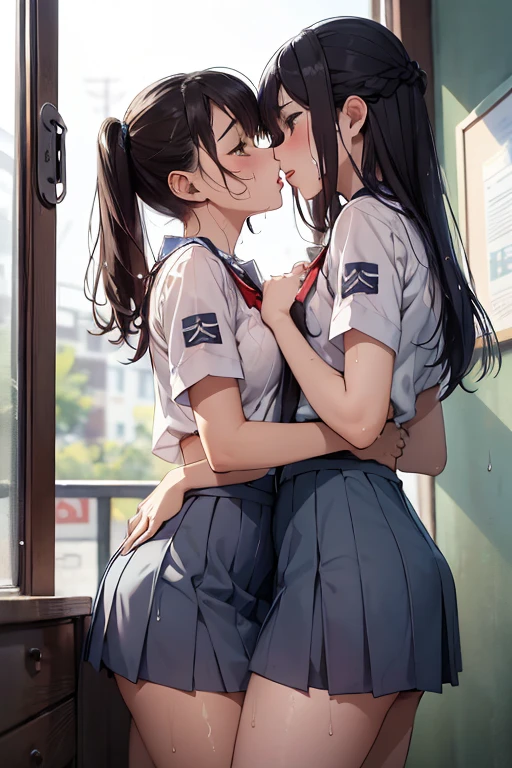 ((best quality)), ((masterpiece)), (detailed), 2 girl (indonesian high-school uniform), two girls kissing each other deep kissing, very intimate, stimulating, sweat all over the body, wet, skirt lifted up, exposed panties