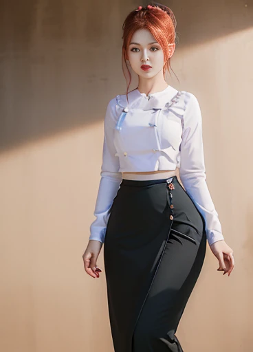 photorealistic, high resolution, masterpiec e best quality ultra-detailed, 1women. (m edium breast), hair bun, jesmine flower o n the head, mature female, solo, hips up, (wearing acmmsayarma outfit, acmmsaya rma ( redhead ♥️ top ) with buttons, long sleeves), ((acmmsayarma  black  long skirt) 