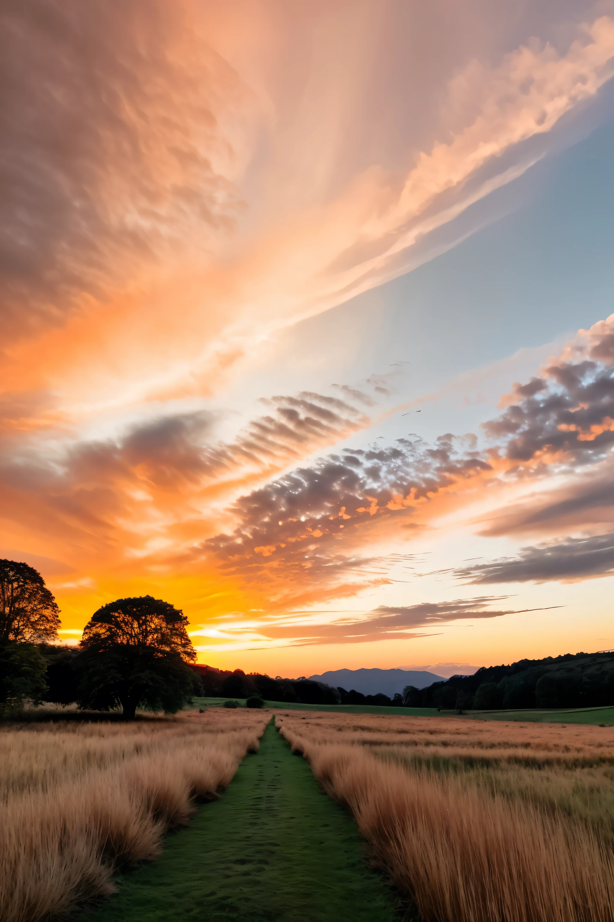 Image of sunset sky with scattered orange and pink clouds in beautiful meadows in nature
