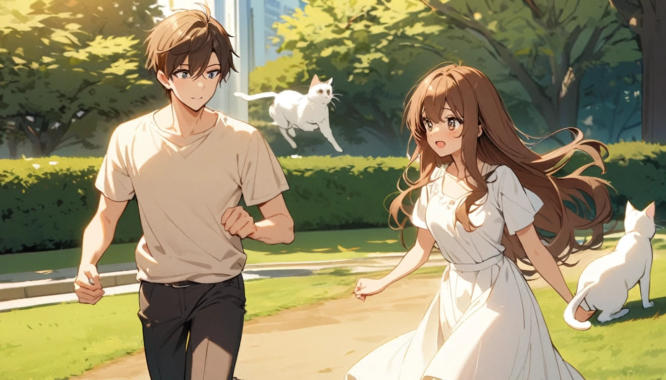 1 couple,brown long hair girl,man with brown hair,Running around teasing each other,There is 1 white cat.,park