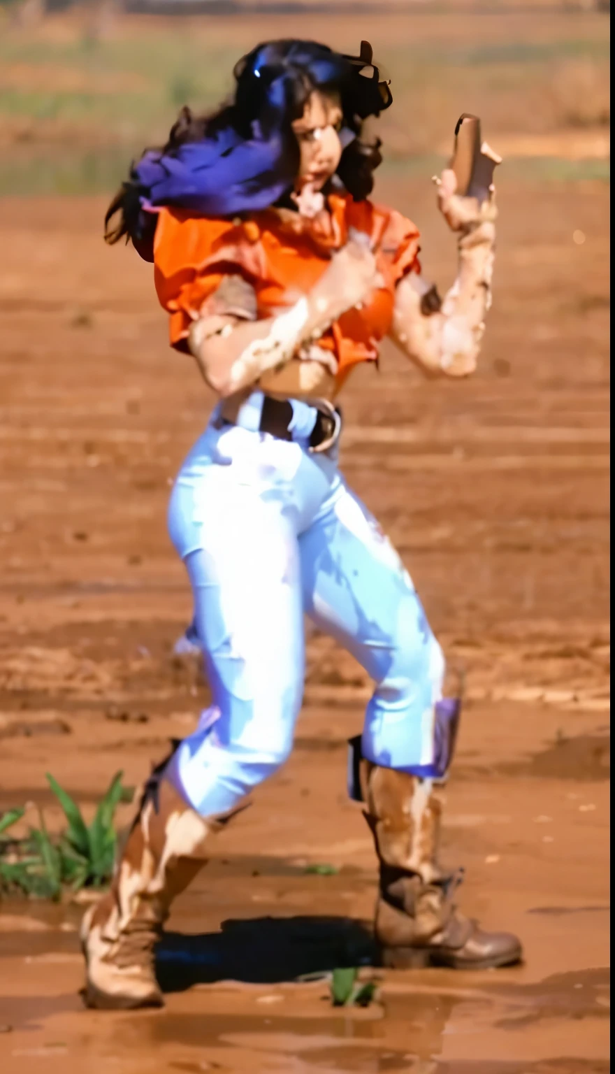 a purple lady wearing a tight white pant, brown leather belt, brown high boots, short red blouse knotted at the front is attempting to fight in a swamp forest, navel, dinosaurs are roaming in the background, muddy ground, detailed face, sharp, cinematic, HD, Dramatic 