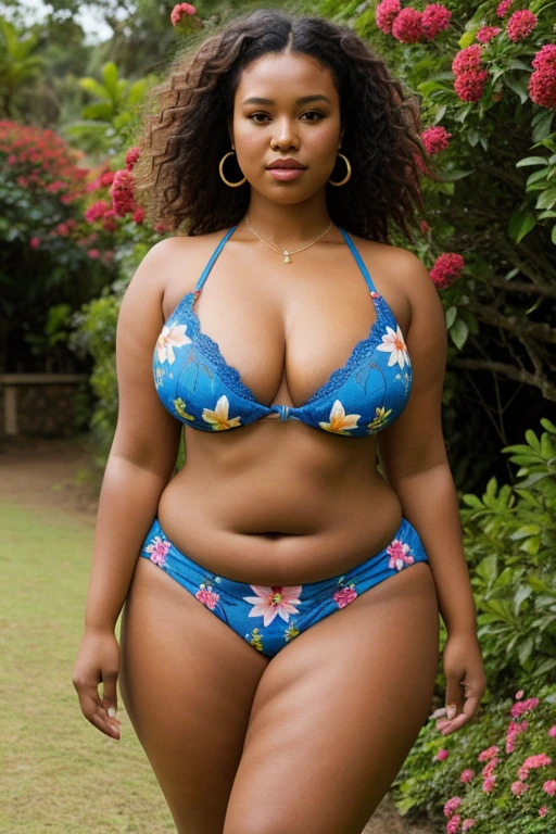Plus size Melanesian mum, huge busts, wide hips, flowers and butterflies, highly detailed