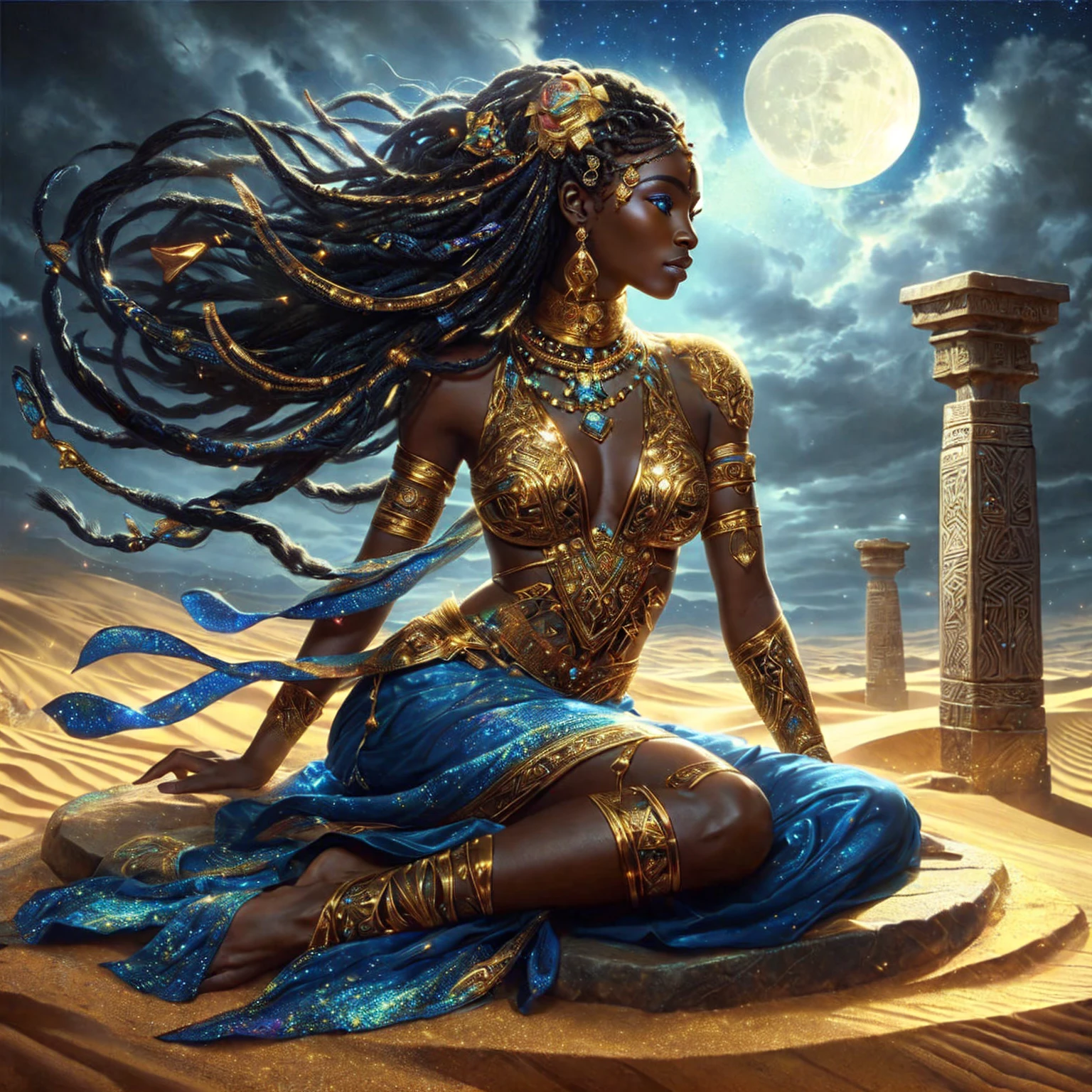 A woman sits on a rock in the desert with a full moon in the background., dark skin female goddess of love, ancient goddess, beautiful goddess, a stunning portrait of a goddess, kemetic, earth goddess mythology, black african princess, moon goddess, African legends, goddess art, Amazing African Princess, portrait of a scorpion goddess, goddess. Very high detail