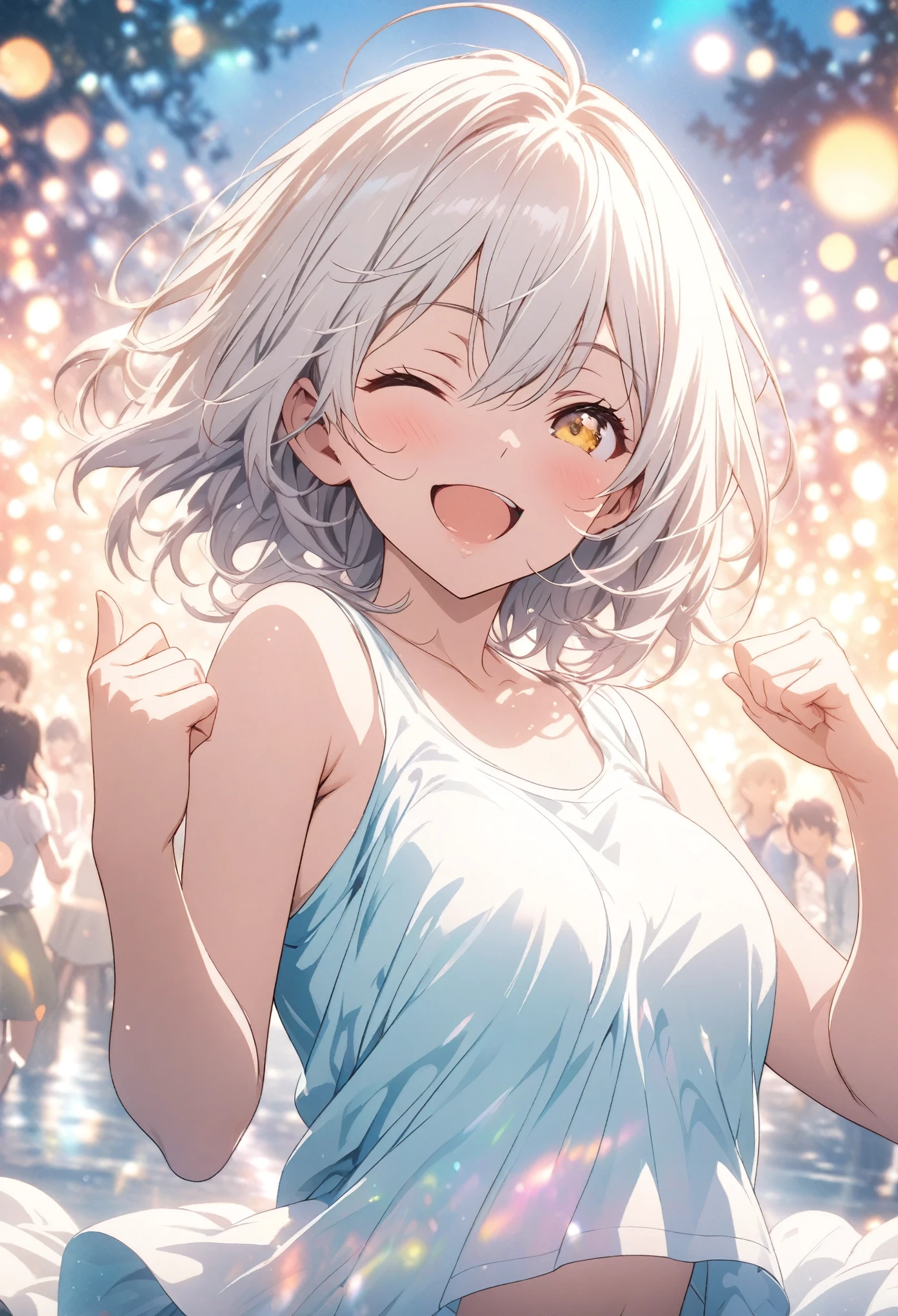 masterpiece, Highest quality, Highly detailed CG Unity 8K wallpapers, High School Girl Anime Illustration. Wear an oversized tank top, Hooded、Koi Dance Choreography, Pointing the index fingers of both hands, she has her eyes closed and mouth open, smile. The background is a light pastel colored landscape.., white hair color, Yellow Eyes, bokeh photography, (soft focus):1.2, out-of-focus highlights, dreamy ambiance, glowing circles, mesmerizing depth, The background is a realistic landscape