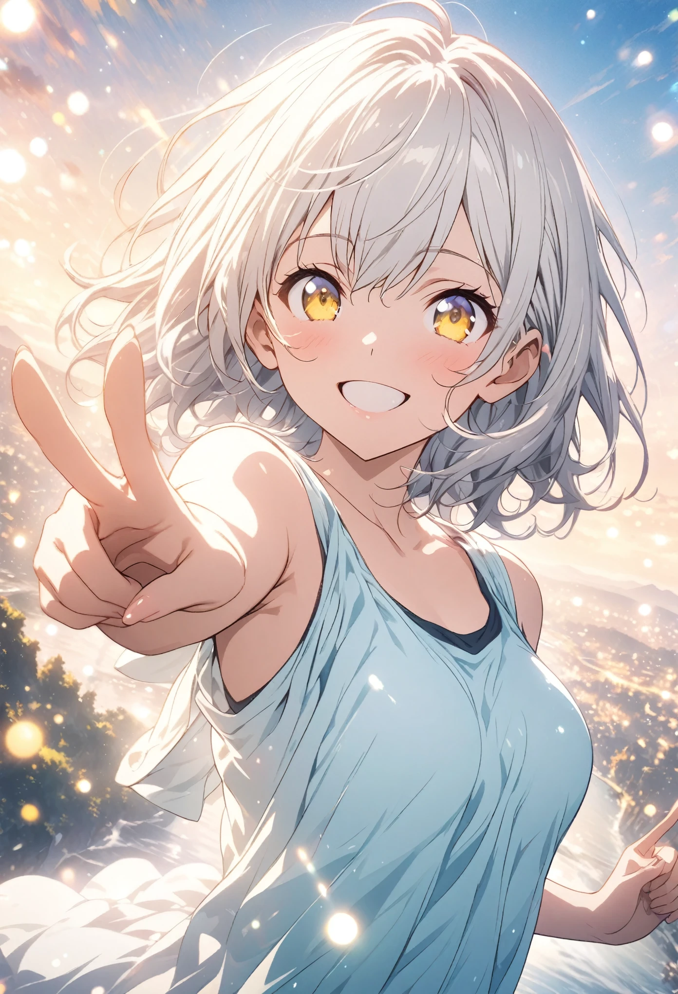 masterpiece, Highest quality, Highly detailed CG Unity 8K wallpapers, High School Girl Anime Illustration. Wear an oversized tank top, Hooded、Koi Dance Choreography, Pointing the index fingers of both hands, she has her eyes closed and mouth open, smile. The background is a light pastel colored landscape.., white hair color, Yellow Eyes, bokeh photography, (soft focus):1.2, out-of-focus highlights, dreamy ambiance, glowing circles, mesmerizing depth, The background is a realistic landscape