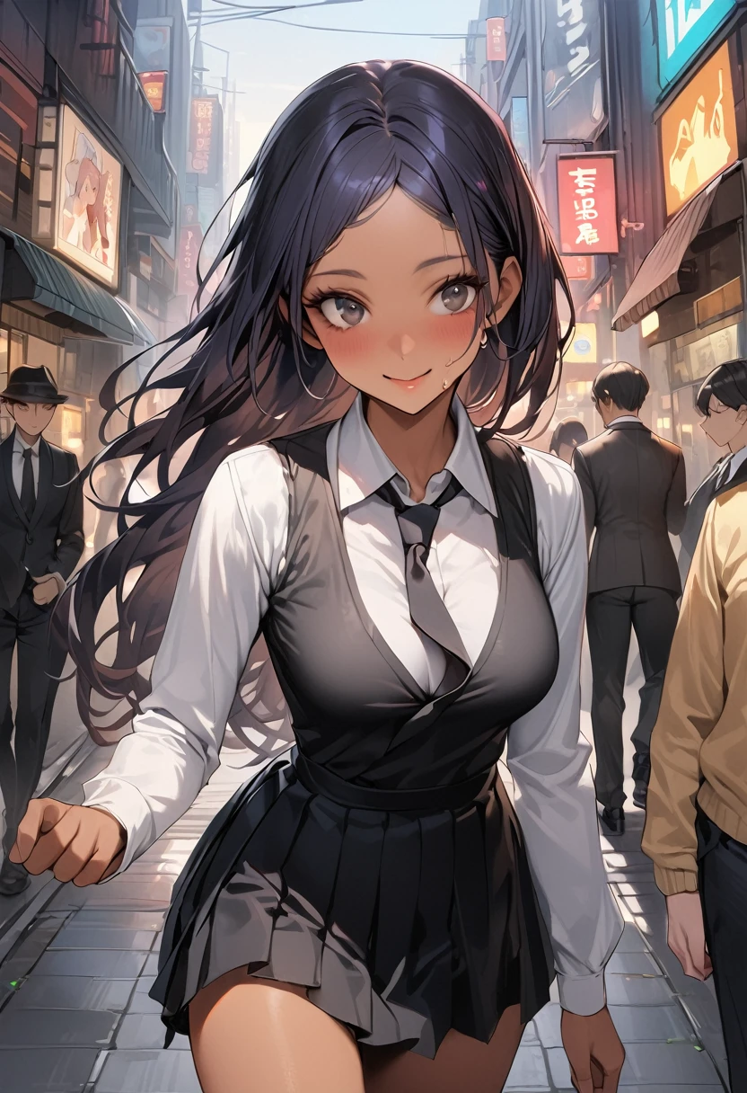 ((masterpiece,Highest quality:1.3,best quality illustration)),realistic,cowboy shot,1woman、Female detective in plain clothes,(20 year old beauty),((very small head:1.4)),ideal ratio body proportions,dark blue hair,straight long hair,bangs,black eyes,gorgeous big eyes,smile、((tan skin,skinny)),(Black vest、Black tie、White collared shirt、Long sleeve、Black pleated mini skirt)),medium breasts,gleaming skin,slender body,sweat,walk,on street,Shinjuku、Tokyo、