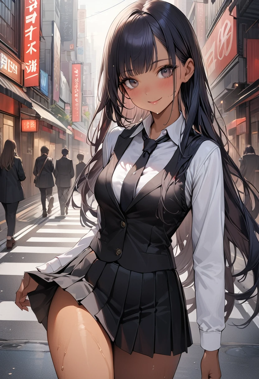 ((masterpiece,Highest quality:1.3,best quality illustration)),realistic,cowboy shot,1woman、Female detective in plain clothes,(20 year old beauty),((very small head:1.4)),ideal ratio body proportions,dark blue hair,straight long hair,bangs,black eyes,gorgeous big eyes,smile、((tan skin,skinny)),(Black vest、Black tie、White collared shirt、Long sleeve、Black pleated mini skirt)),medium breasts,gleaming skin,slender body,sweat,walk,on street,Shinjuku、Tokyo、