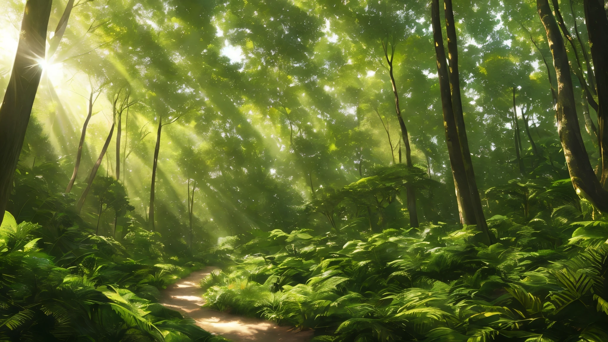 Digital Illustration, detailed and Complex, Dense forests inhabited by rare plants and animals, The sunlight filtering through the treetops creates a dappled pattern.. A deserted beach can be seen in the distance, Real photo style, masterpiece, Proportion, detailed, Trending on Art Station, Beautiful lighting, Realistic, Complex, Awards, 4K, Highest quality
