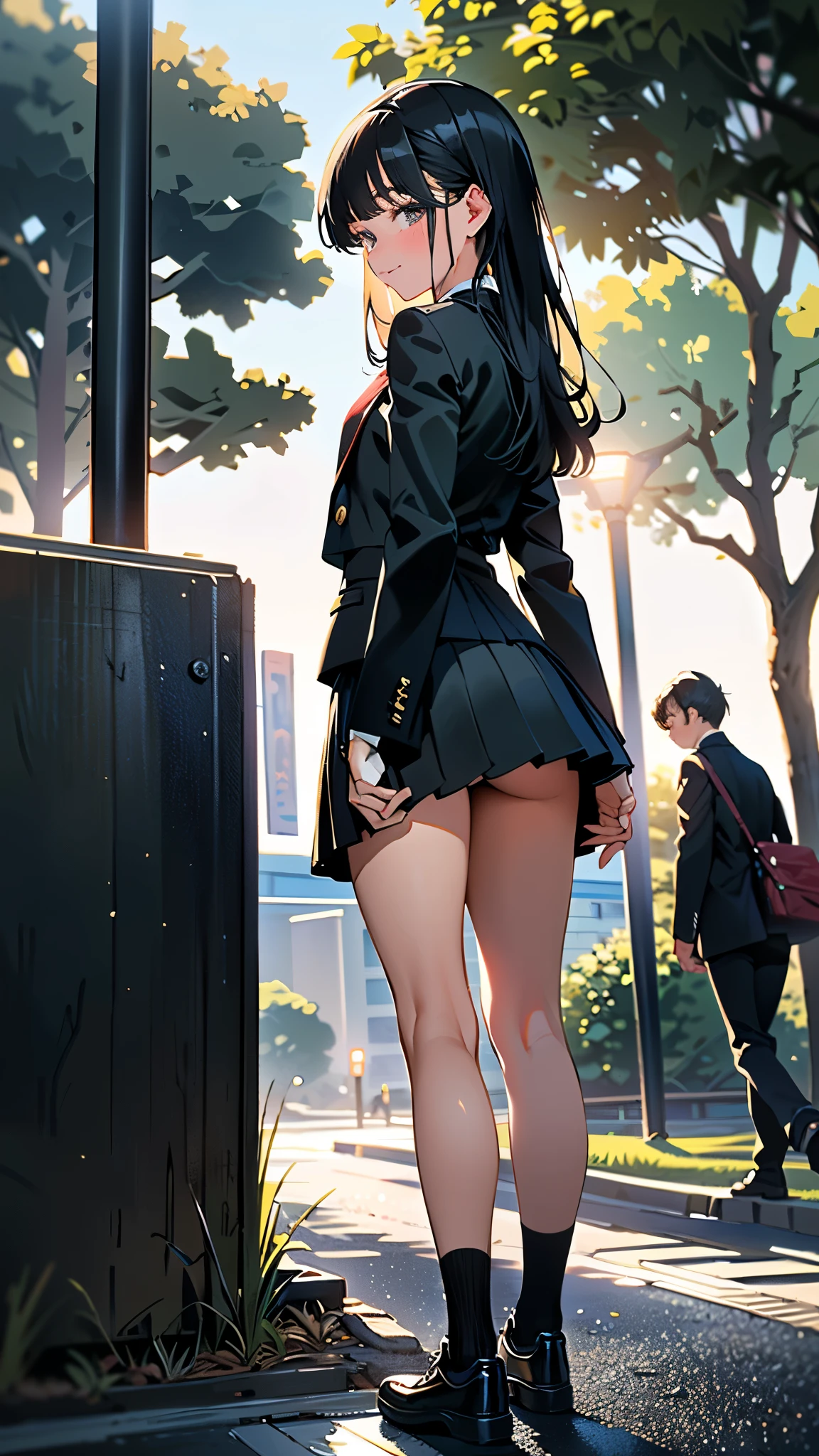 (8k, RAW Photos, 最high quality, masterpiece:1.2), high qualityのRAWカラー写真, Professional photo shoot, Cinematic Light, night、Late night、alone, (((young woman, Gal))), (Sharp features), (Small face), (Skin with attention to detail:1.2), clavicle, Cute Face, Beautiful appearance, Long eyelashes,Girl Turning Around, smile, (Black Hair, Long straight line), high school student, Red tie, High School Uniform:1.2, Black jacket, Open jacket, Jacket cuff buttons, White shirt, Mini skirt, night Park, Birds chirping, Embarrassing, sad, Artistic painting,Attractive thighs, sneakers、(Very nice touch:1.2), (Watery eye), sad雰囲気, Oil painting style, Dark colors, (Are standing:1.5, lean on a tree, )(((Focus on the butt))), Smooth texture, Gazing Eyes, Beautiful Skin, Glowing Skin, ((Perfect Fingers, Five Fingers, Anatomically correct)), Background Blur, high quality, Surreal, ((Very detailed, photo shoot)),,View from below、blush、(Many passersby)、Embarrassing、Full Body Shot、((backstyle))、((Grab the skirt))、Accentuate your butt、Turn around、look back、Embarrassed、blush