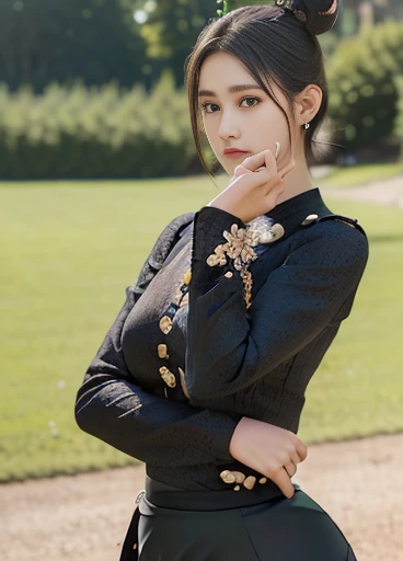 photorealistic, high resolution, masterpiec e best quality ultra-detailed, 1women. (m edium breast), hair bun, jesmine flower o n the head, mature female, solo, hips up, (wearing acmmsayarma outfit, acmmsaya rma (black top ) with buttons, long sleeves), ((acmmsayarma black long skirt)