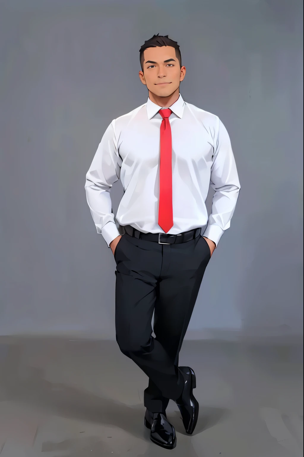a dark man, with white dress shirt, red tie, black dress pants with black belt and black dress shoes, He has his hands in his pants pockets. anime model. The face is a little rounded in the cheek region in brown color, has a slight smile, looking straight ahead, black eyes. It may darken your skin tone a little, and the eyes are not slanted, they are a little rounded.